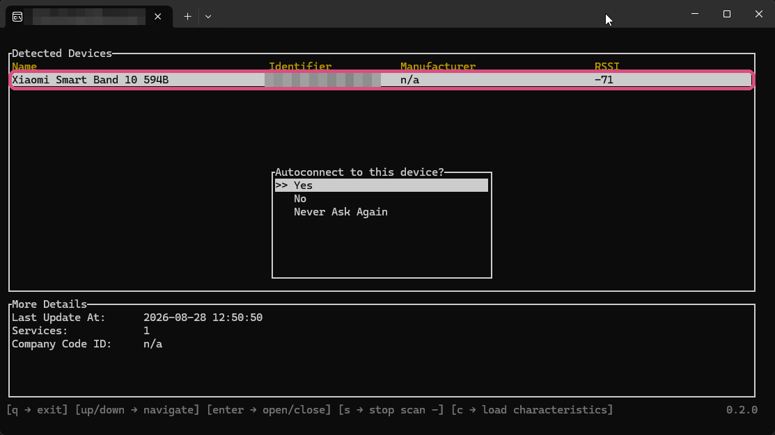 iron-heartのDetected Devicesで心拍計を選択。Autoconnectの確認が出ている