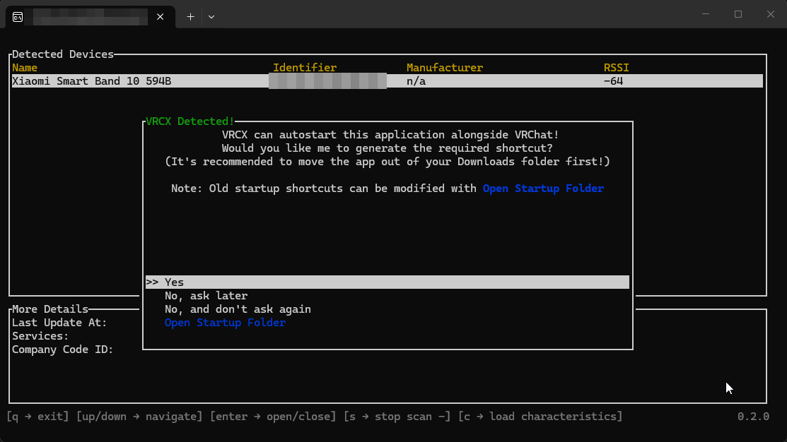 iron-heartがVRCXを検出して自動起動ショートカットの作成を提案している画面