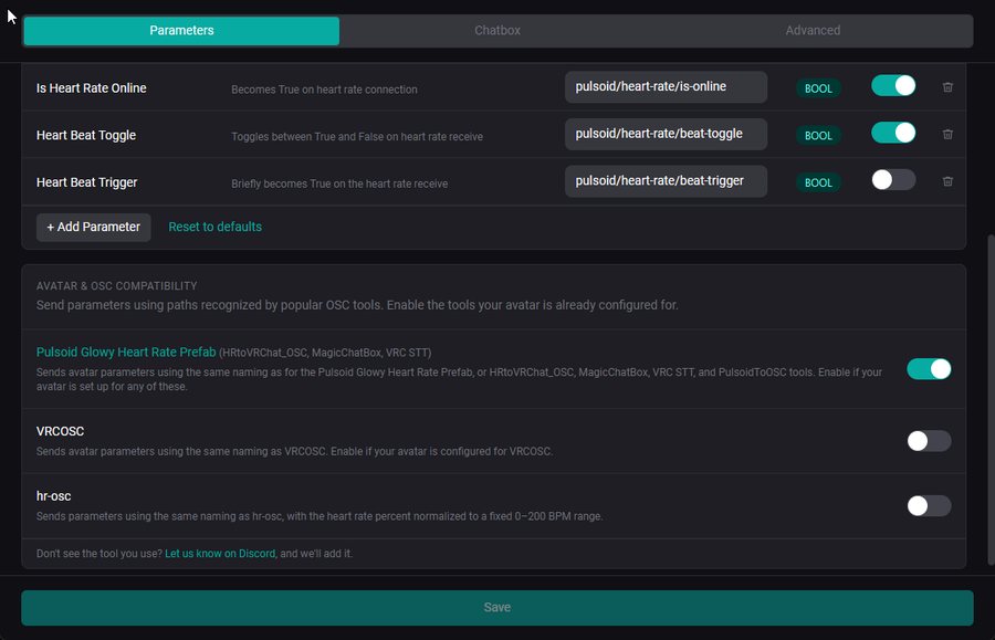 PulsoidのCustomize画面。Avatar & OSC CompatibilityでPulsoid Glowy Heart Rate PrefabがONになっている