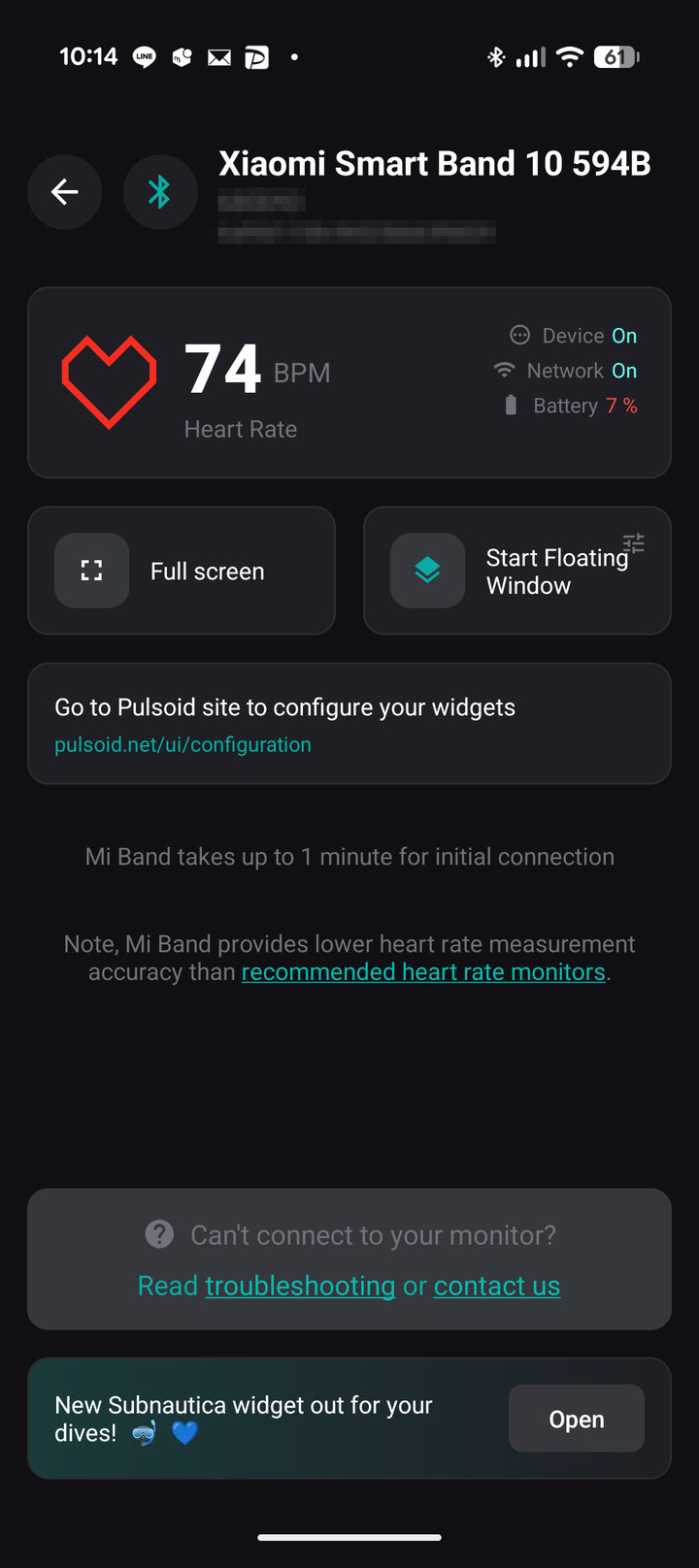 スマホのPulsoidアプリに心拍数(74BPM)が表示されている画面