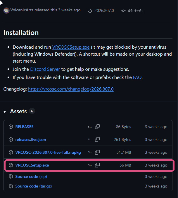 VRCOSCのリリースページ。AssetsのVRCOSCSetup.exeに印