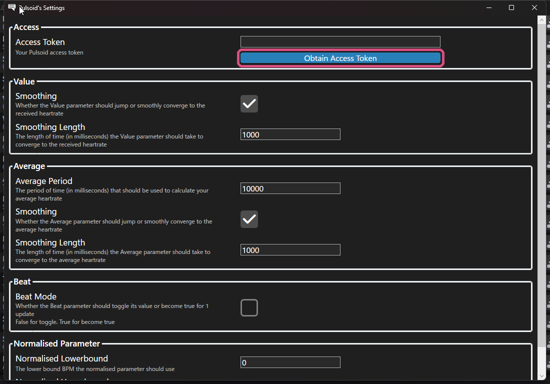 PulsoidモジュールのAccess Token設定画面。Obtain Access Tokenボタンに印