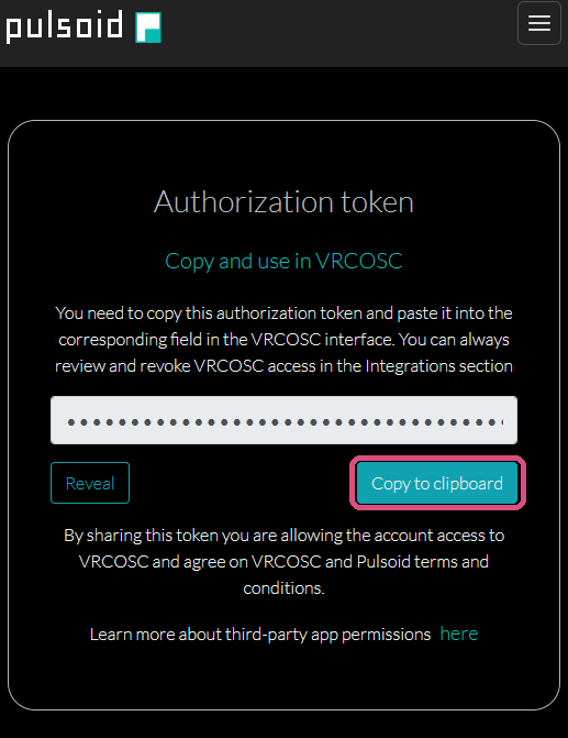PulsoidのAuthorization tokenページ。Copy to clipboardボタンに印